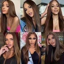 即戴即走，无需胶水，直发，真人混纺发丝，200%密度，5x5高清蕾丝闭合，预先拔毛，预先修剪，女士款，真人前额发丝，13x4/13x6高清蕾丝前额，4号巧克力深棕色 - 棕色 - 查看 9