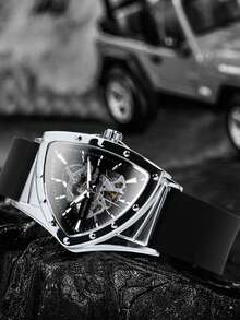 T-WINNER 1pc Fashionable Sports Mechanical Men's Watch, Luminous Pointer, Rubber Strap, Business Casual Automatic Mechanical Watch, Gift Box - Silver - View 5