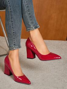 Women's Classic Pointed Toe Chunky Heel Slip-On Pumps, Breathable High Heels, Comfortable & Elegant Work/Commute Shoes - Burgundy - View 2
