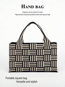 1pc Black & White Striped Minimalist Lightweight Foldable Open-Top Tote Bag, Fashionable For Outings, Commuting, Photography, Suitable For All Seasons - Multicolor - View 1