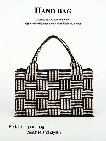 1pc Black & White Striped Minimalist Lightweight Foldable Open-Top Tote Bag, Fashionable For Outings, Commuting, Photography, Suitable For All Seasons