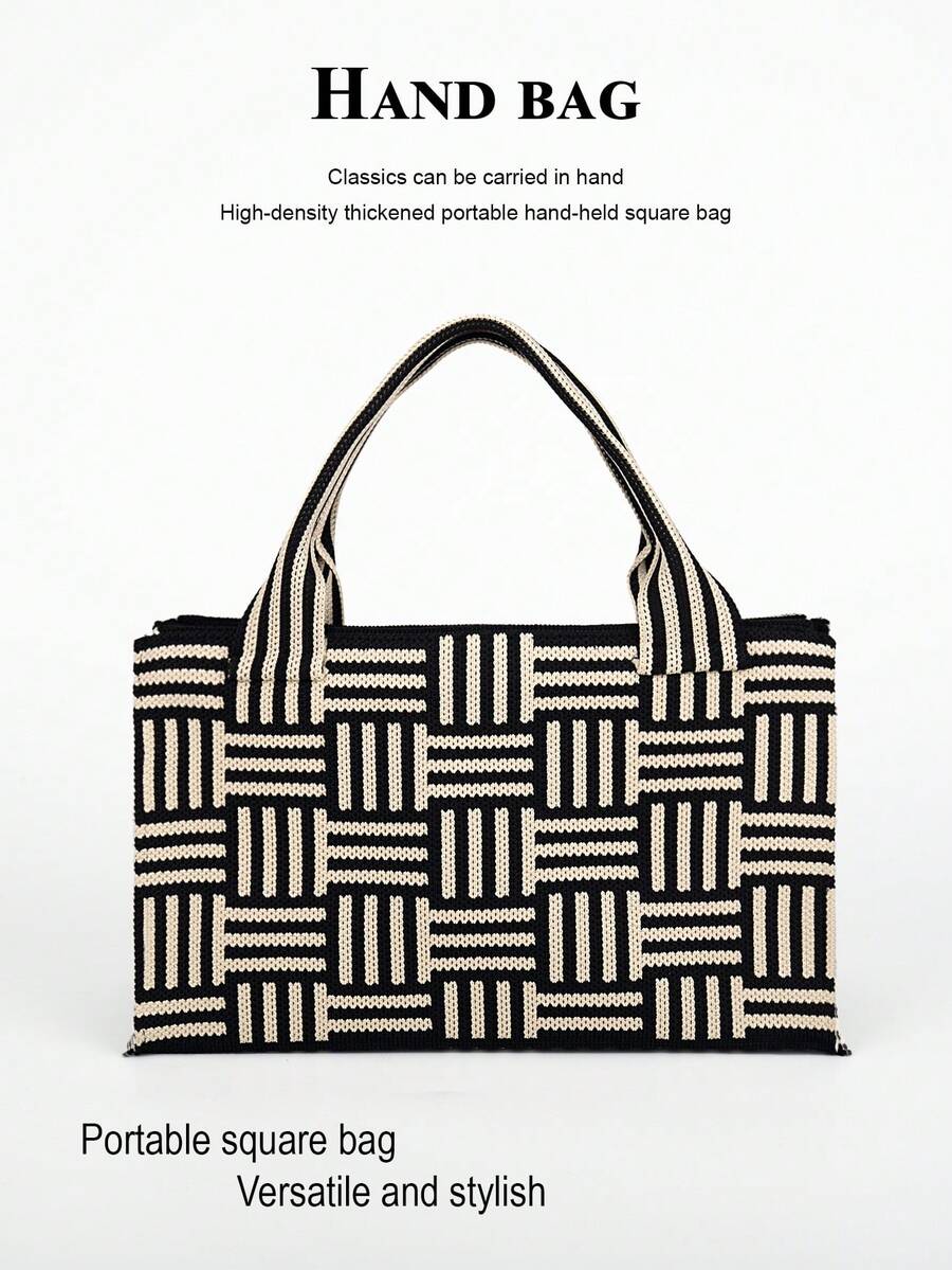 1pc Black & White Striped Minimalist Lightweight Foldable Open-Top Tote Bag, Fashionable For Outings, Commuting, Photography, Suitable For All Seasons - Multicolor - View 1