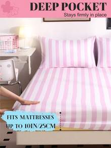 1件印花床笠（不含枕套），粉白条纹印花，亲肤床垫罩，图案床垫保护套，柔软透气，多种尺寸可选，适用于单人床/双人床/大号床/特大号床，可机洗，家居装饰，卧室装饰，通过Oeko-Tex认证 - 彩色 - 查看 5
