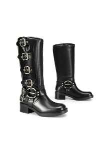 Women's Slip On Knee High Boots Square Toe Chunky Heel Classic Vintage Metallic Buckles Motorcycle Riding Boots - 黑色 - 查看 7