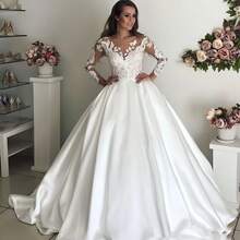Elegant Sexy Lace Appliqué Long Sleeves A Line Satin Formal Wedding Dress,Registry Office Dresses Bridal Gown,Evening Party Dress Birthday Party Dress Country Wedding,Romantic Church Ceremony Wedding Dress,Suitable For Wedding,Dating,Party,Singles' Party,Vacation,Formal Occasions,Dinner Dress,Prom Dress,Homecoming Dess,Cocktail Party,Wedding Guest Dress,Graduation - 白色 - 查看 1