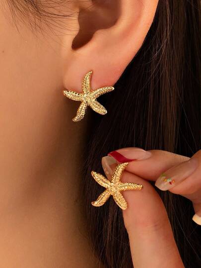 1 par de pendientes tipo botón con diseño de estrella de mar de estilo vintage, pendientes de uso diario con un toque de resort playero
