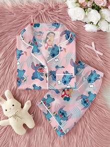 Disney Bộ đồ ngủ 2 mảnh in hình hoạt hình Stitch dành cho bé gái tuổi teen, chất liệu vải Charmeuse mềm mại và thoáng khí, áo tay ngắn và quần short cạp chun co giãn, phù hợp cho mọi mùa. - Hồng - Xem 6