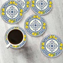 6/8pcs Mediterranean Lemon Pattern, Blue & White Porcelain Design, Round Wooden Coaster Set, Suitable For Patio, Kitchen, Living Room, Home Gathering, Dining Table Decor, Gift For Friends & Family, Suitable For Easter, Valentine's Day, Wedding, Birthday, Party, Home Decor Accessories - Multicolor - View 2