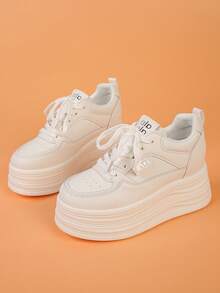 女士厚底运动鞋，纯色户外休闲系带鞋，时尚百搭白色户外增高鞋 - 白色 - 查看 7