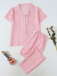 条纹女士短袖长裤泡泡褶睡衣套装 - 粉色 - 查看 1
