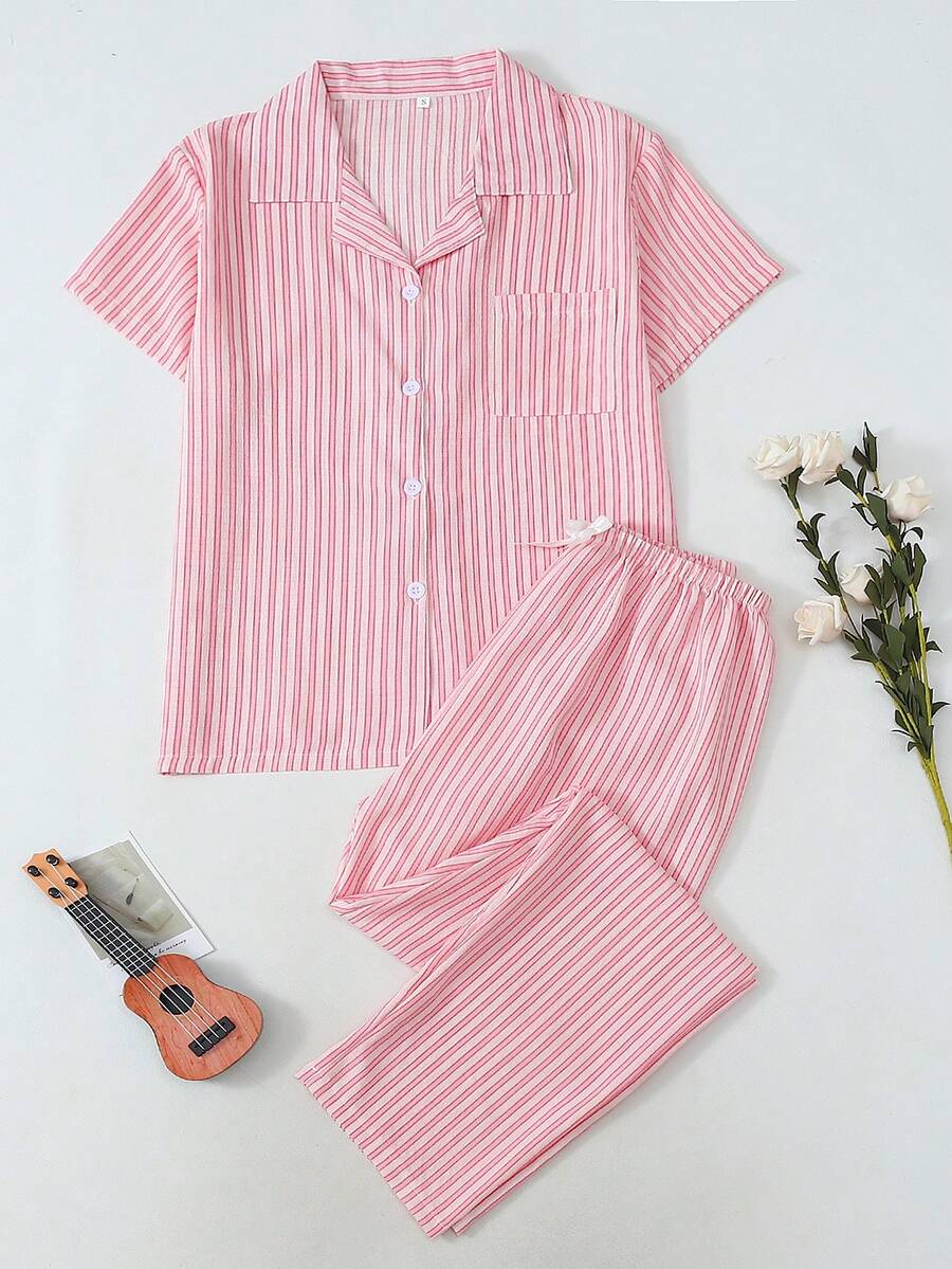 条纹女士短袖长裤泡泡褶睡衣套装 - 粉色 - 查看 1