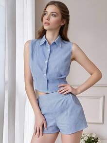 Bộ đồ nữ kẻ sọc dáng rộng, khoét lỗ, thích hợp mặc ở nhà và đi biển, mùa xuân/hè. - Rửa nhẹ - Xem 5