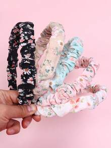 5pcs Girls' Ditsy Floral Fabric Pleated Headbands, Fresh Style For Daily Life And Vacation, Spring/Summer - Multicolor - View 2