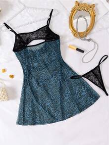 两件套新款豹纹性感内衣套装，镂空吊带背心和内裤 - 寶藍色 - 查看 7