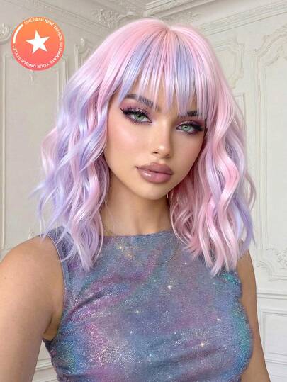 14 Inch Pastel Purple Piano Color Heat Resistant Fiber Curly Bobo Wig With Bangs, High Quality Women Wig, Perfect For Festivals, Parties And Daily Wear, Hot Selling!