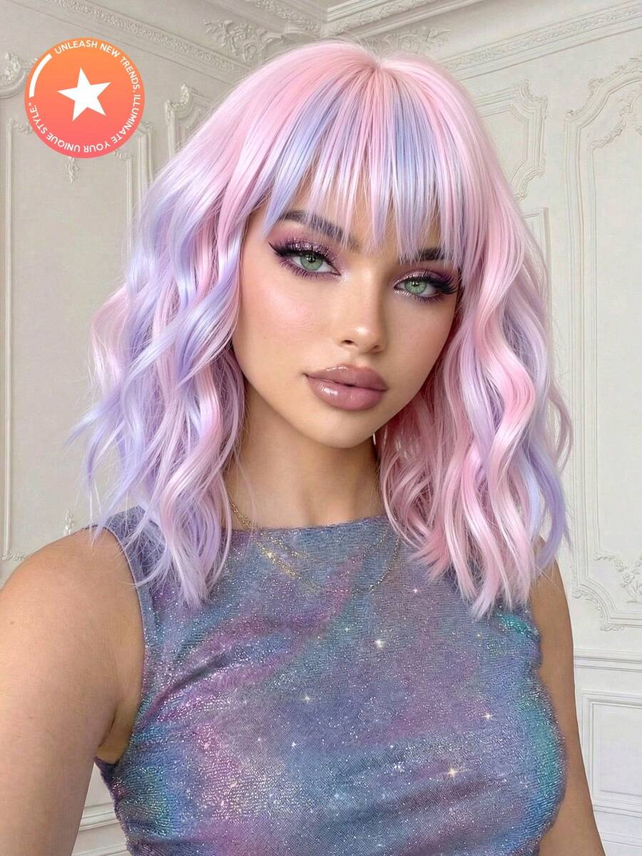14 Inch Pastel Purple Piano Color Heat Resistant Fiber Curly Bobo Wig With Bangs, High Quality Women Wig, Perfect For Festivals, Parties And Daily Wear, Hot Selling! - Piano Color - View 1