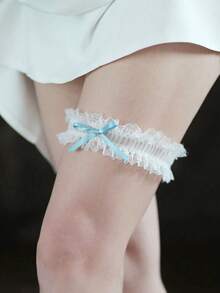 1 pieza Ligas de encaje elástico con moño azul, accesorio de boda tipo suspensor, cadena de moda para la pierna - Beis - Ver 4