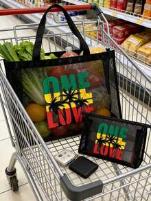 大容量网袋套装，热带棕榈树和“One Love”字母图案印花网袋，镂空网袋沙滩包手提袋，洗漱包，化妆包，网袋化妆品收纳袋，可折叠大容量防水防沙游泳沙滩包，网袋沙滩手提袋 - 彩色 - 查看 6