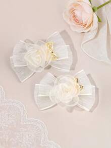 2pcs Beige Tulle Hair Bows For Girls Rose Shaped Decor Bow Alligator Clips Elegant Wedding Hair Clips Vacation Barrettes Simple Daily Hairpins Teens Hair Accessories - Beige - View 7