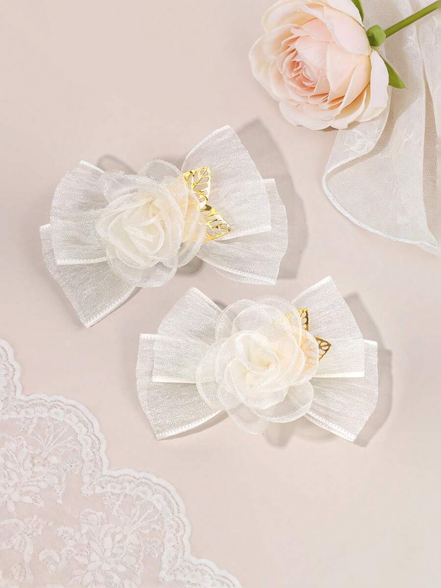 2个米色薄纱发夹，玫瑰花造型，鳄鱼夹，优雅婚礼发夹，度假发夹，简约日常发卡，青少年发饰 - 米色 - 查看 1