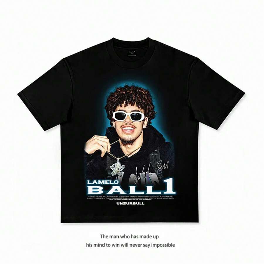 Camiseta de Baloncesto LaMelo Ball Unisex Oversized de Algodón Puro de Manga Corta Estilo Guardia Moderno Casual Diario - Negro - Ver 1