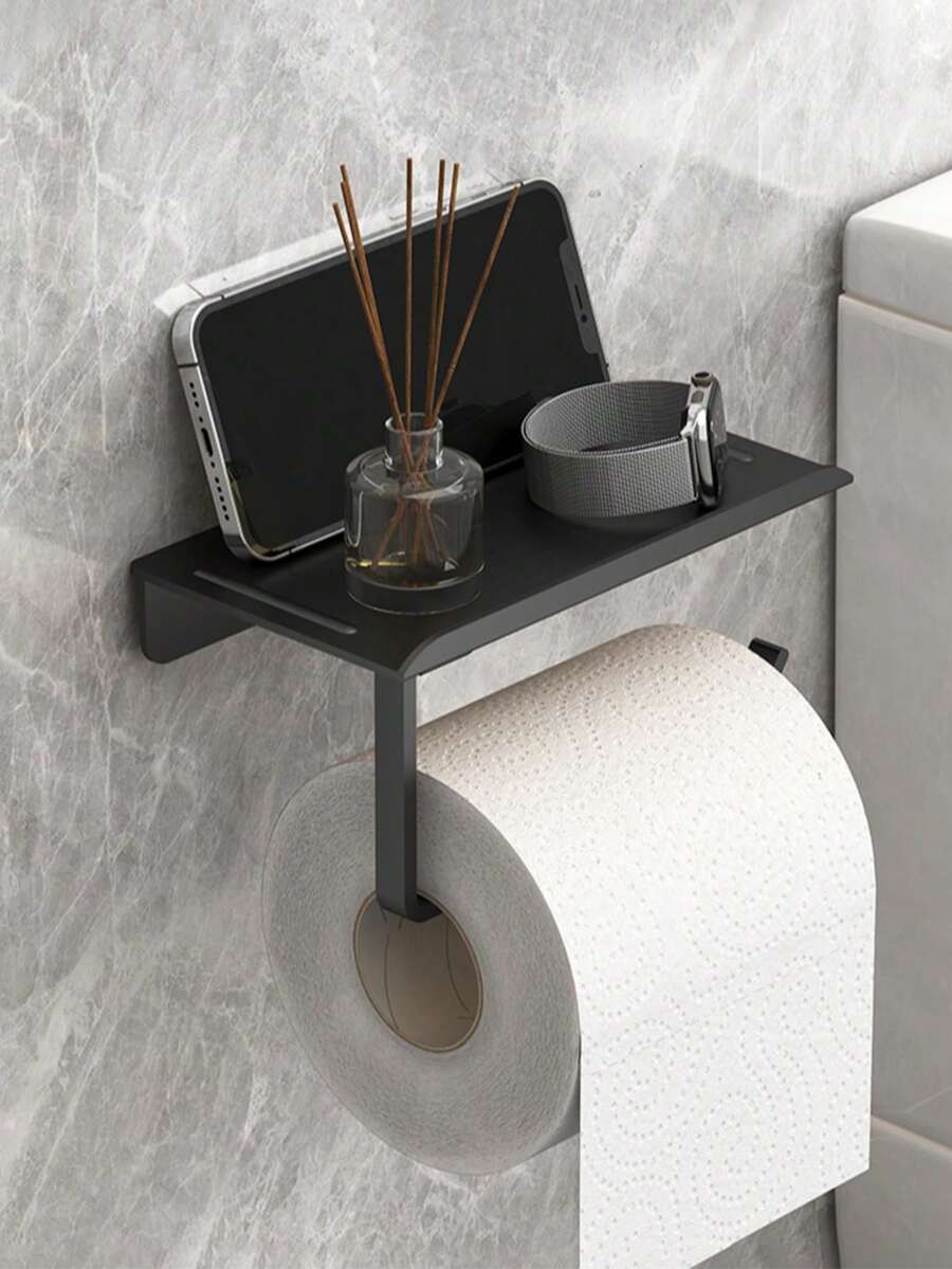 1pc Plastic Toilet Paper Holder, Wall-Mounted Plastic Rack, Self-Adhesive Tissue Paper Dispenser, Toilet Paper Roll Holder, Multi-Function Storage Rack, Phone Holder, Bathroom Organizer, Easy Installation Wall-Mounted Toilet Paper Rack - Black - View 1