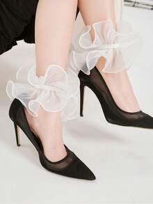 1 Pair Women's Multi-Layer 3D Ruched Transparent Organza Material White Wide Satin Ribbon Bow Retro Theme Fashionable Leg Warmers - Multicolor - View 2