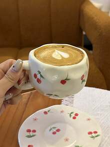 1pc Ins Style Hand-Painted Underglaze Ceramic Coffee Mug, Asymmetrical Hand-Molded Cup, Cute Fruit Pattern Coffee Mug For Home, Afternoon Tea, Milk, Juice, Beverage, Gift For Family, Friends Back To School - Multicolor - View 8