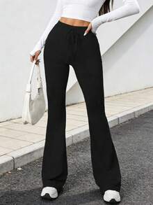 1pc Women's High Waist Elastic Skinny Flare Pants With Faux Drawstring, Suitable For Yoga, Pilates, Gym, Running, Outdoor, Casual, Commuting, All Season - Black - View 3