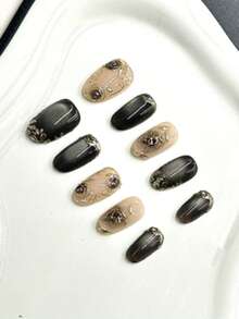 10pcs Handmade Short Press-On Nails, Y2K Style, Premium Red Cat Eye, Hand-Painted 3D Golden Flowers, Multi-Diamond Stacked, Chrome, Red, Navy Blue, Black Nails, 3 Color Options, Press-On Christmas Nails, Oval Pointed Nails, Suitable For Daily Wear For Girls, Also Great For Holiday Gifts Like Valentine's Day, New Year, Christmas, False Nails - Black - View 4