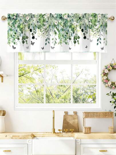 1件鼠尾草绿桉树叶窗帘幔，140x45厘米，春季植物叶子厨房窗帘，涤纶杆袋式短窗帘，适用于卧室、浴室、客厅装饰，春夏家居装饰