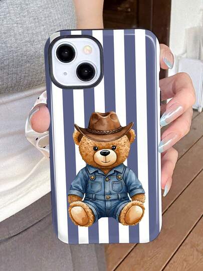 1pc Retro Casual Striped Teddy Bear Pattern Glossy 2-In-1 Phile Shell Full Coverage Phone Hard Case Suitable Compatible With Samsung/ 11/12/13/14/15/16/17 Pro Max
