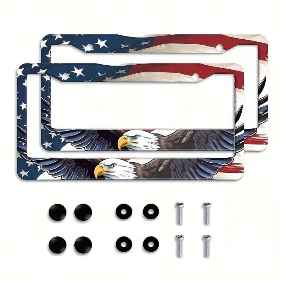 2个鹰牌车牌框，爱国鹰牌，彩色不锈钢汽车配件，趣味车牌装饰（含螺丝），尺寸12.3英寸 x 6.3英寸 - 車牌框 - 查看 1