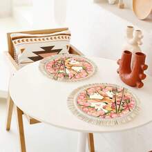 1/4/6pcs Easter Collection, A Light Brown Rabbit Peeking Out From A Cluster Of Tulips, The Outer Circle Surrounded By A Ring Of Blooming Pink Tulips Dotted With A Small Pink Butterfly, Linen Printed Tassel Placemat/Coaster - Multicolor - View 2