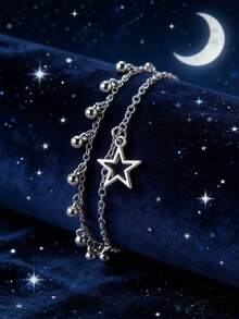 1条多层金属星星、太阳、月亮手工链条珍珠手链，适合女士日常佩戴 - 鏤空鋯石星星銀色 - 查看 21