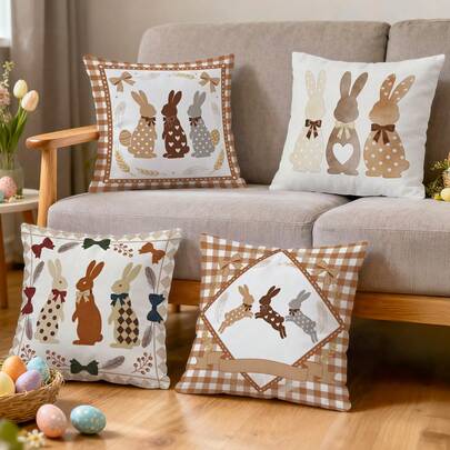 4件套复古波点爱心兔子图案装饰抱枕套，单面印花，适用于客厅、沙发、卧室，不含枕芯