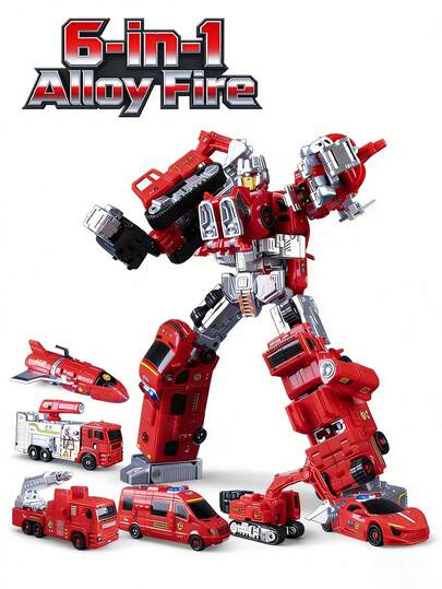 Bộ đồ chơi biến hình 6 trong 1 bằng hợp kim dành cho trẻ em từ 6 tuổi trở lên - Robot cứu hộ kết hợp xe cứu hỏa/xe xúc/xe phun nước, hộp quà tặng cao cấp, chân thực dành cho bé trai.