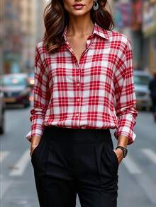 女士常规袖格子衬衫，纽扣前襟翻领长袖衬衫 - 紅色 - 查看 6