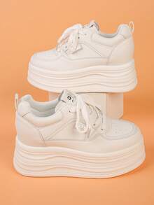 女士厚底运动鞋，纯色户外休闲系带鞋，时尚百搭白色户外增高鞋 - 白色 - 查看 1