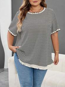 Plus Size Fringe Hem Striped Knit Round Neck Batwing Sleeve Top Black Summer - Black - View 1