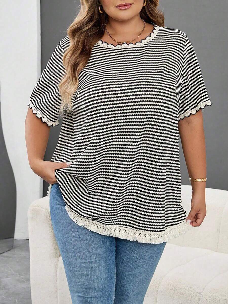 Plus Size Fringe Hem Striped Knit Round Neck Batwing Sleeve Top Black Summer - Black - View 1
