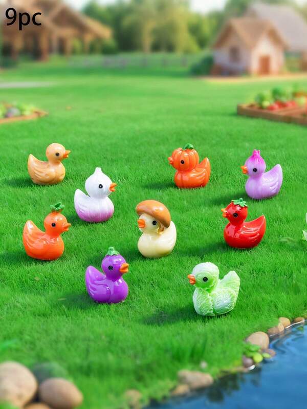 9pcs Vegetable Duck Decor Set, Micro Landscape Ornaments, Enriching Layers For Desk, Bedroom, Creative Accents, Soft & Cute Styling With Colorful Details To Bring Vitality To Your Space, Wishing You Joyful Days Ahead