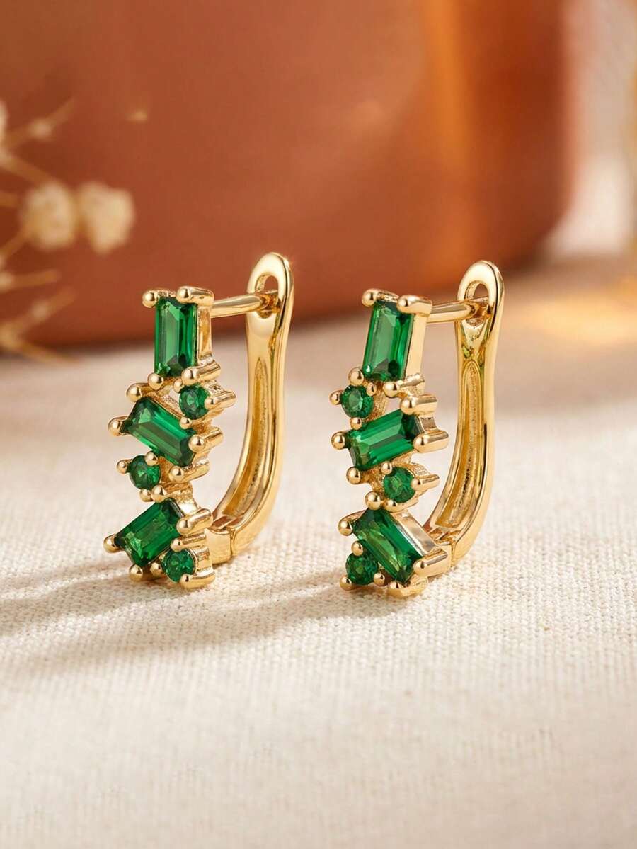 一对精致小巧的蓝色立方氧化锆耳环，女士派对、日常佩戴饰品，铜质材料，防过敏，不褪色，适合作为节日礼物 - 金色-綠寶石 - 查看 1