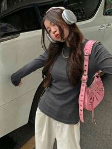 Slim Fit Round Neck Dark Grey Casual Street Style Fashion New Year Round Neck Long Sleeve T-Shirt For Women, Spring/Autumn - 009 Dark Gray - View 3