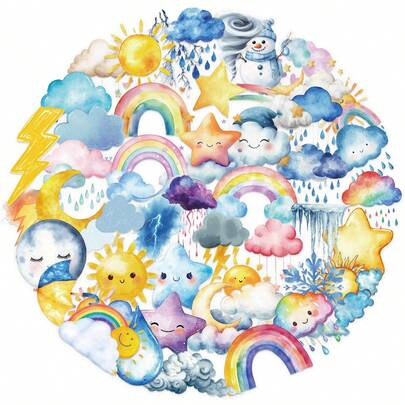50pcs Watercolor Weather Stickers, Creative Graffiti Stickers, Office Supplies, Mobile Phone And Computer Stickers, Waterproof, Durable, Cool Stickers