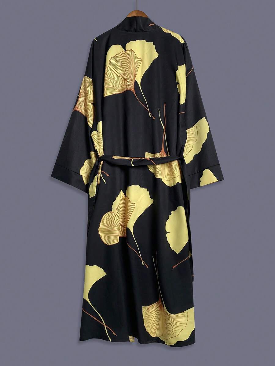 波西米亚风印花中长款七分袖和服罩衫薄外套，女士优雅欧美休闲罩衫，沙滩旅行度假羽织薄款浴袍腰带长袍 - 黑色 - 查看 1