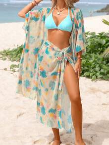 Women's Fashion Tie-Dye Elegant Halter Tie Bikini 4-Piece Set, Comes With Coverup And Skirt, Spring/Summer - Mint Blue - View 1