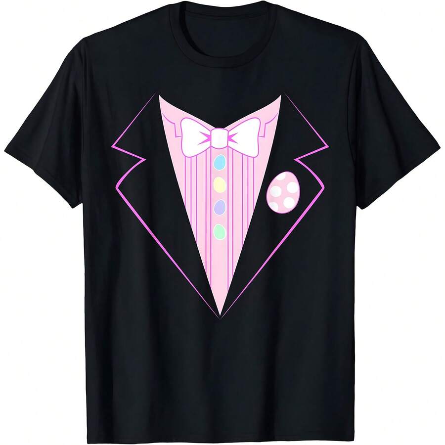 Easter Tux Shirt Funny Cute Egg Tuxedo Pink T-Shirt - Black - View 1