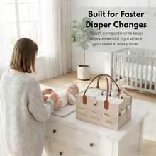 1个毛毡尿布包，奶瓶和尿布收纳袋，手提包，多隔层设计，皮革提手，刻字，针织刺绣图案 - 彩色 - 查看 3