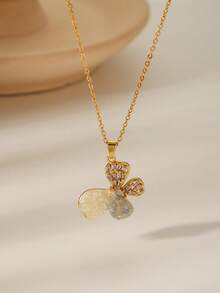 1pc Elegant Moon, Flower, Star, Butterfly, Water Drop, Heart, Rotating Planet Pendant Necklace With Sparkling Cubic Zirconia Delicate Choker, Suitable For Women Party, Valentine's Day Gift - Gold - View 3